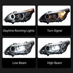 LED Headlights for BMW 5 Series E60/E61 525i-550i (2004-2010) | Angel Eyes, White DRL, Plug & Play