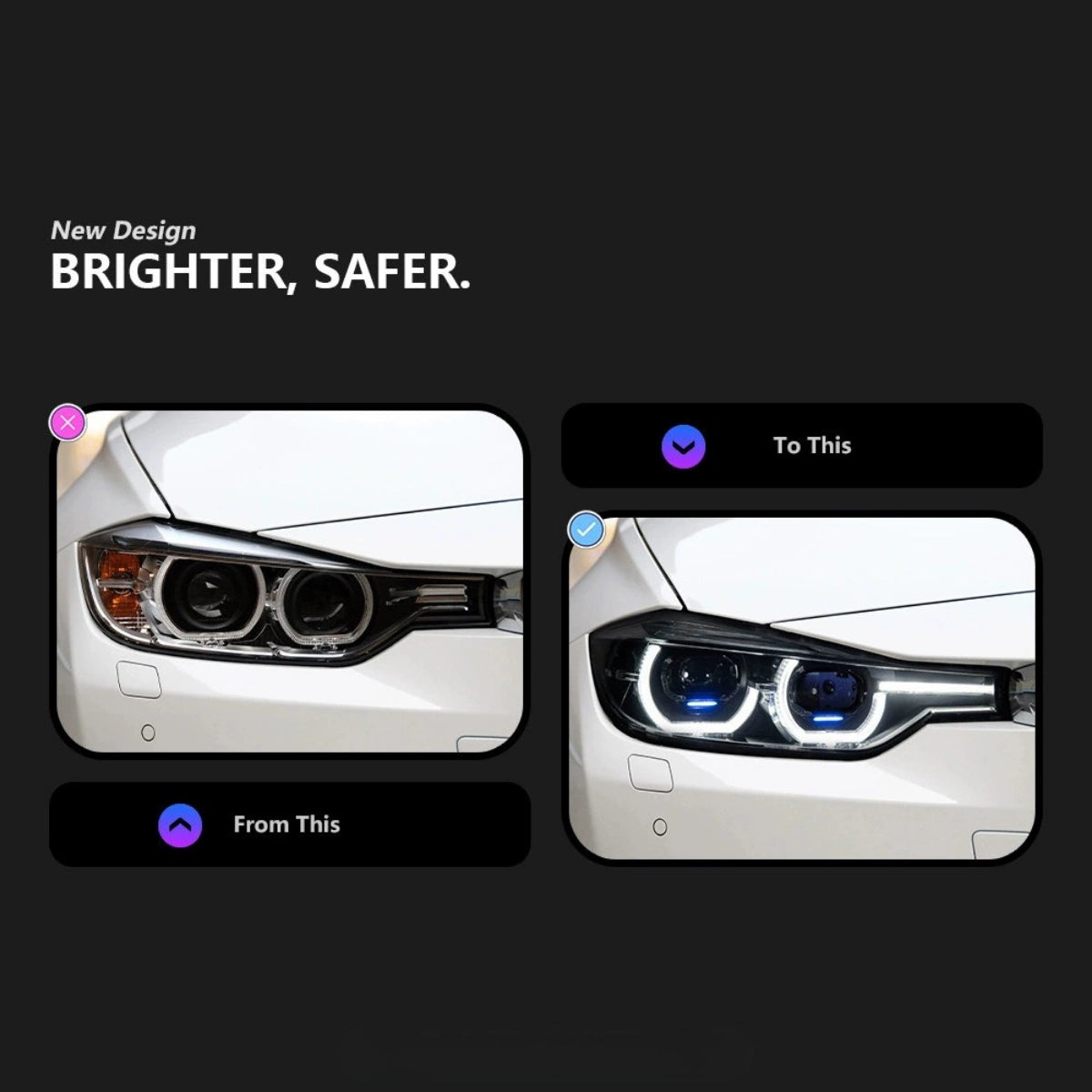 Full LED Angel Eyes Headlights for BMW 3 Series F30/F31 320i-340i (2012-2018) | Dual-Color DRL, Plug & Play