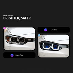Full LED Angel Eyes Headlights for BMW 3 Series F30/F31 320i-340i (2012-2018) | Dual-Color DRL, Plug & Play