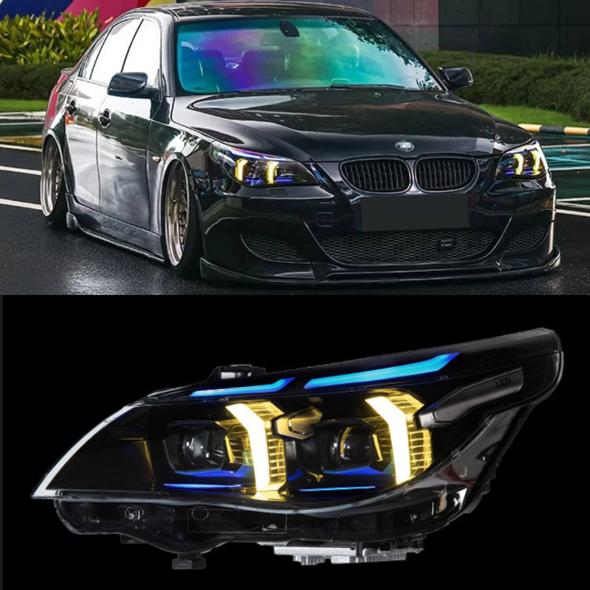 Full LED Headlights for 2004-2010 BMW 5 Series E60/E61 | Blue Eyebrow, Dual-Color Fang DRL, Plug & Play
