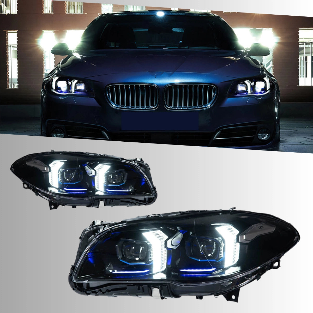 Full LED Headlights for 2011-2013 BMW 5 Series F10 Pre-LCI | G-Style Dual-Color Fang DRL, Plug & Play