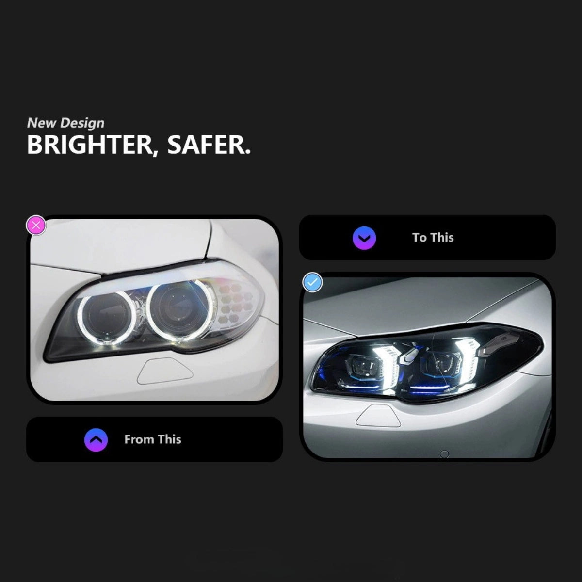Full LED Headlights for 2011-2013 BMW 5 Series F10 Pre-LCI | G-Style Dual-Color Fang DRL, Plug & Play