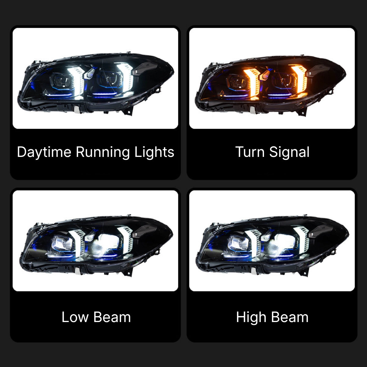Full LED Headlights for 2011-2013 BMW 5 Series F10 Pre-LCI | G-Style Dual-Color Fang DRL, Plug & Play