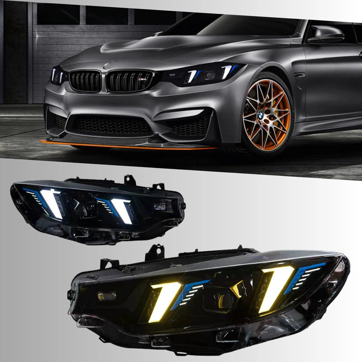 Full LED Headlights for 2014-2020 BMW 4 Series (F32/F33/F36) & M3/M4 (F80/F82) | Fang-Style Dual-Color DRL, Plug & Play