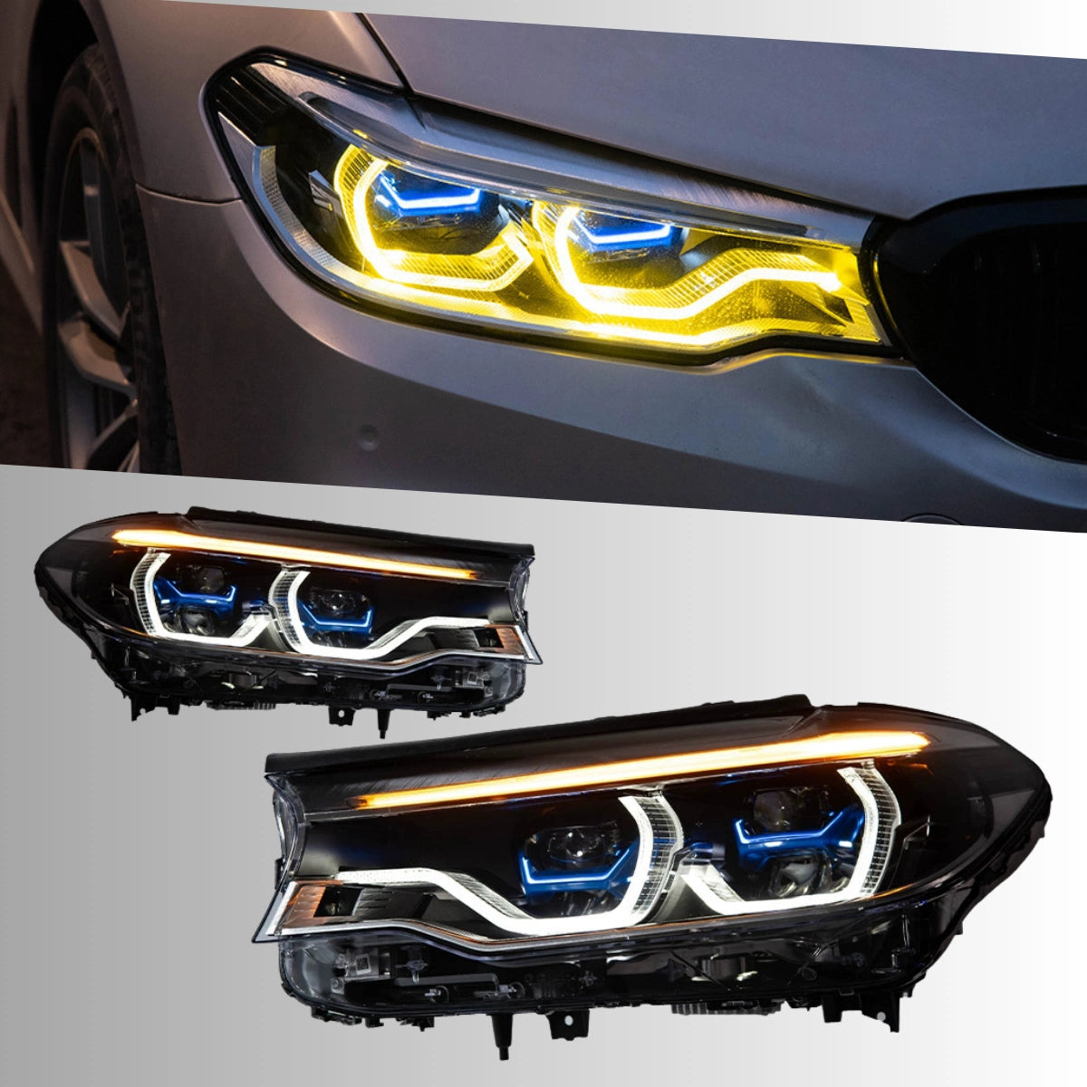 Full LED Headlights for 2017-2020 BMW 5 Series G30 Pre-LCI | Angel Eyes Style, Dual-Color DRL, Plug & Play