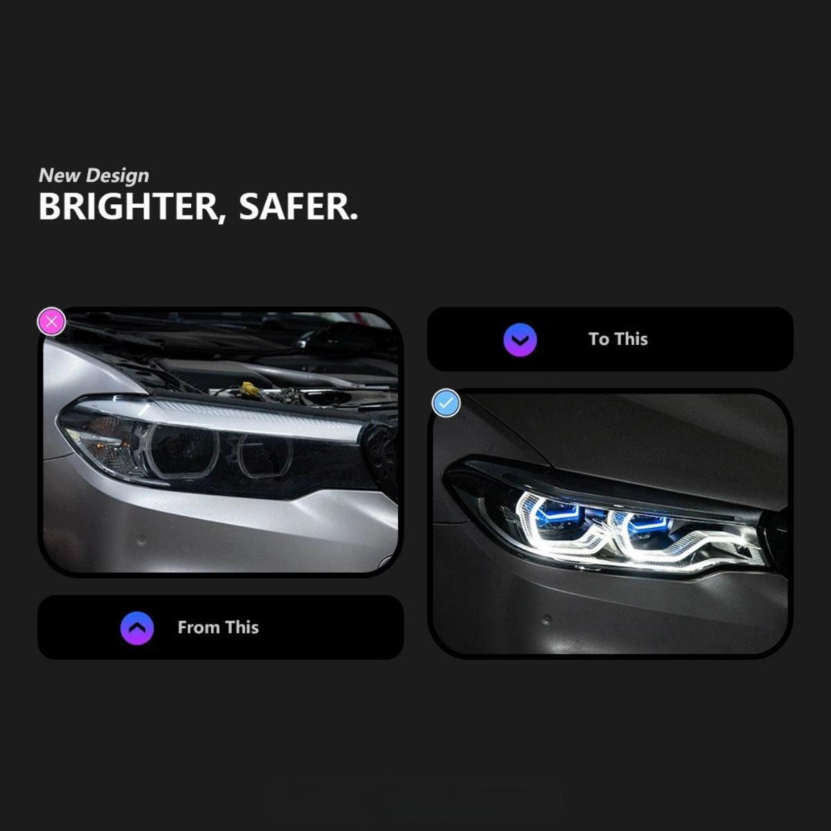 Full LED Headlights for 2017-2020 BMW 5 Series G30 Pre-LCI | Angel Eyes Style, Dual-Color DRL, Plug & Play