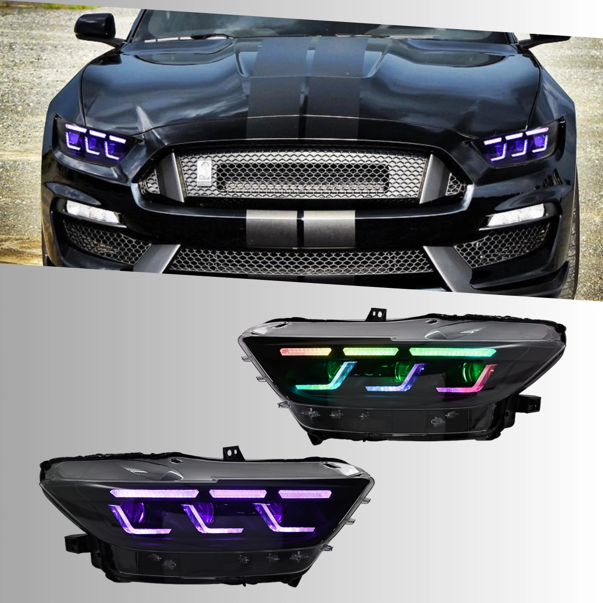 Full LED RGB Headlights for 2015-2017 Ford Mustang S550 | RGB DRL, Sequential Turn Signals, Plug & Play