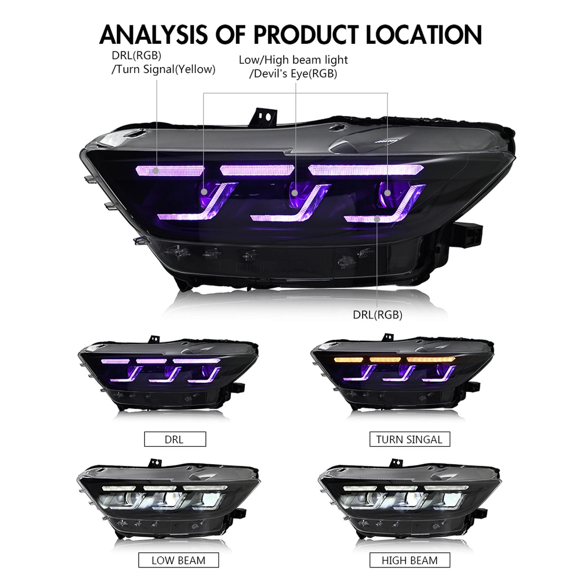 Full LED RGB Headlights for 2015-2017 Ford Mustang S550 | RGB DRL, Sequential Turn Signals, Plug & Play