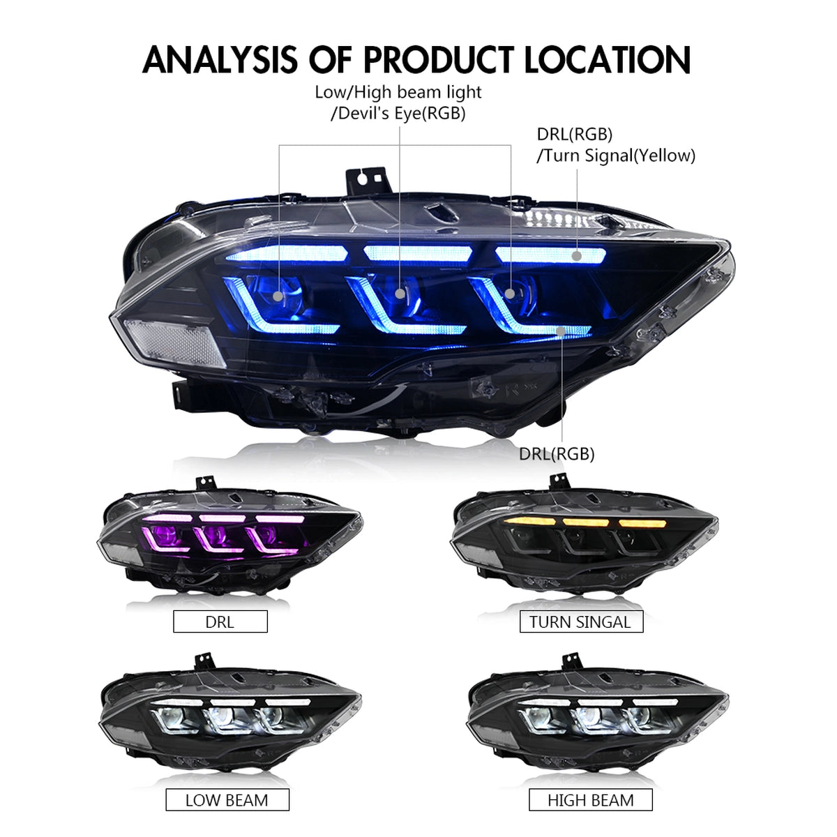 Full LED RGB Headlights for 2018-2022 Ford Mustang S550 | RGB DRL, Sequential Turn Signals, Plug & Play