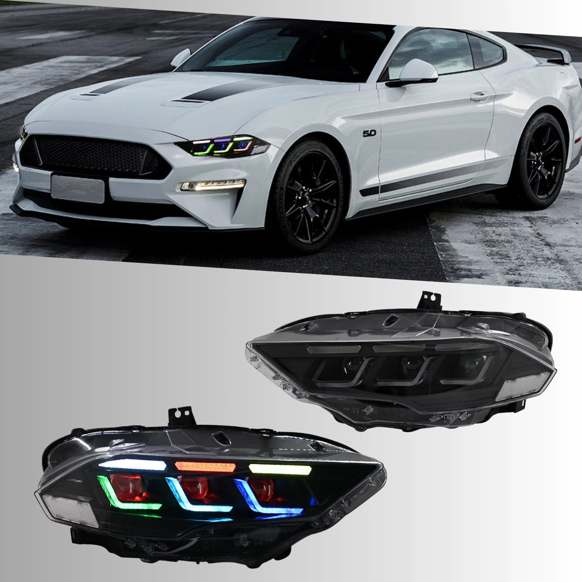 Full LED RGB Headlights for 2018-2022 Ford Mustang S550 | RGB DRL, Sequential Turn Signals, Plug & Play