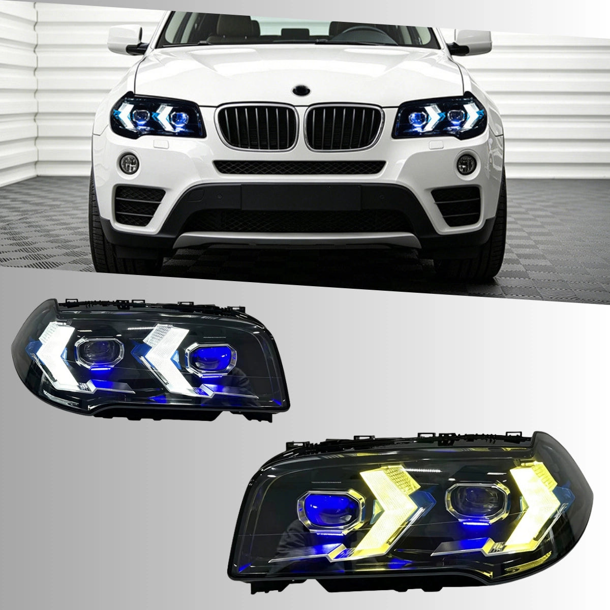LED Headlights for 2007-2010 BMW X3 E83 LCI |Arrow-Style, Dual-Color DRL, Plug & Play
