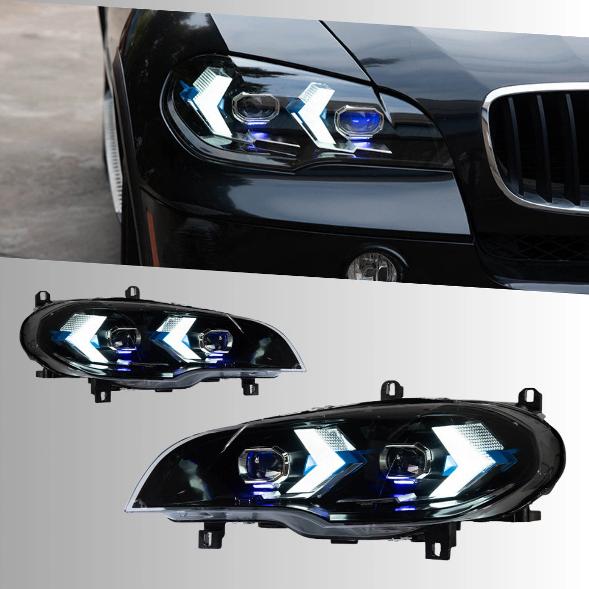 LED Headlights for 2007-2013 BMW X5 E70 | Dual-Color DRL, Arrow-Style, Plug & Play