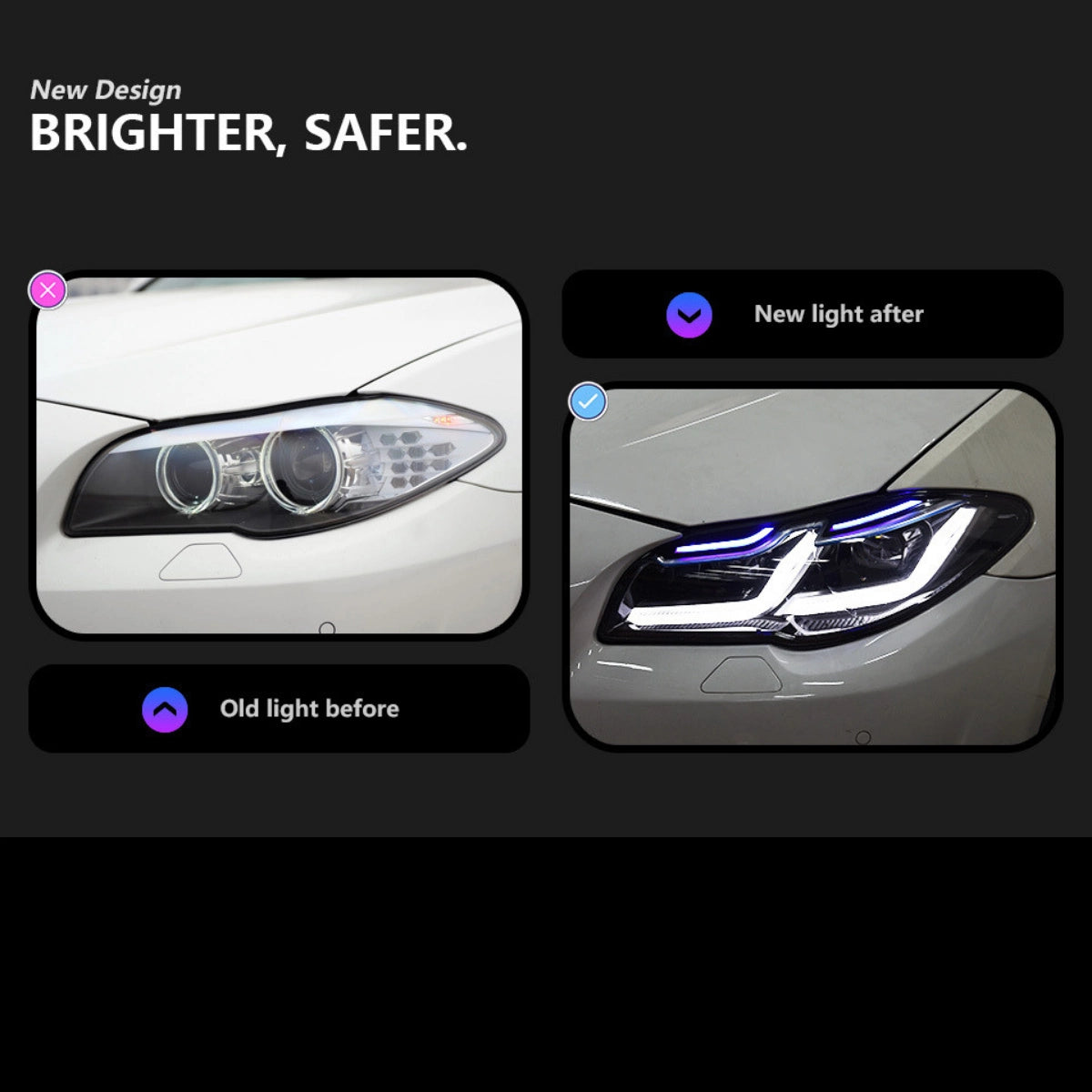 LED Headlights for 2011-2013 BMW 5 Series F10 Pre-LCI (OE Xenon Non-Adaptive) | Dual-Color Switchback DRL, Plug & Play