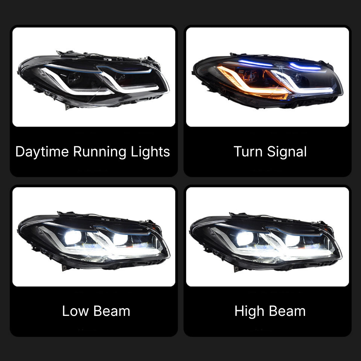 LED Headlights for 2011-2013 BMW 5 Series F10 Pre-LCI (OE Xenon Non-Adaptive) | Dual-Color Switchback DRL, Plug & Play