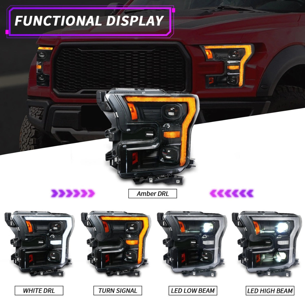 LED Headlights for 2015-2020 Ford F-150 (XL to Raptor) | Startup Animation, Dual-Color DRL