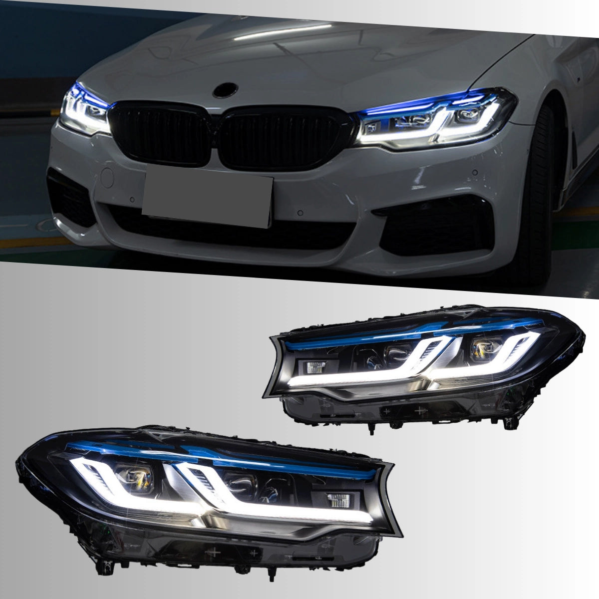 LED Headlights for 2017-2020 BMW 5 Series G30 Pre-LCI | Dual Blue Eyebrow, Dual-Color DRL, Plug & Play