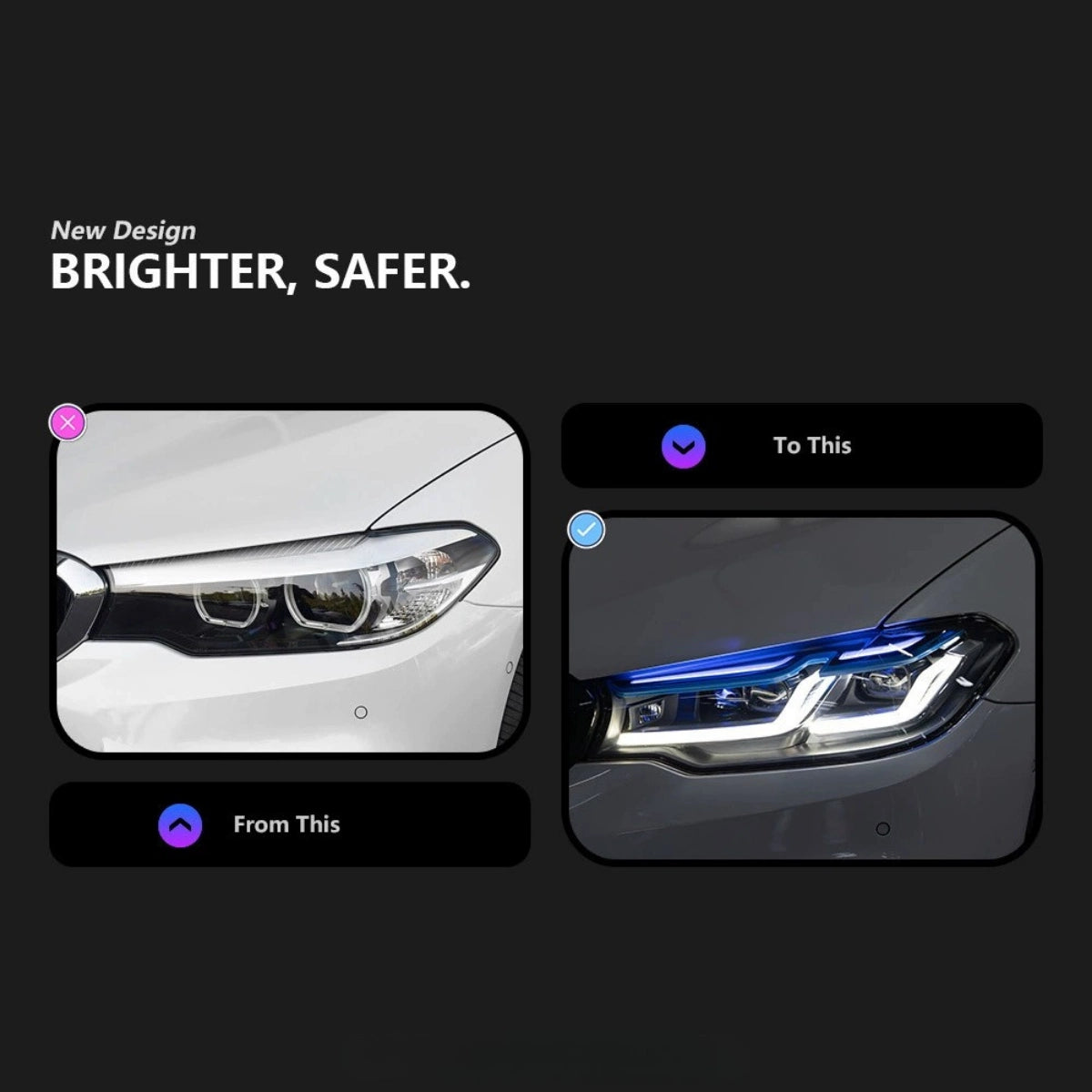 LED Headlights for 2017-2020 BMW 5 Series G30 Pre-LCI | Dual Blue Eyebrow, Dual-Color DRL, Plug & Play
