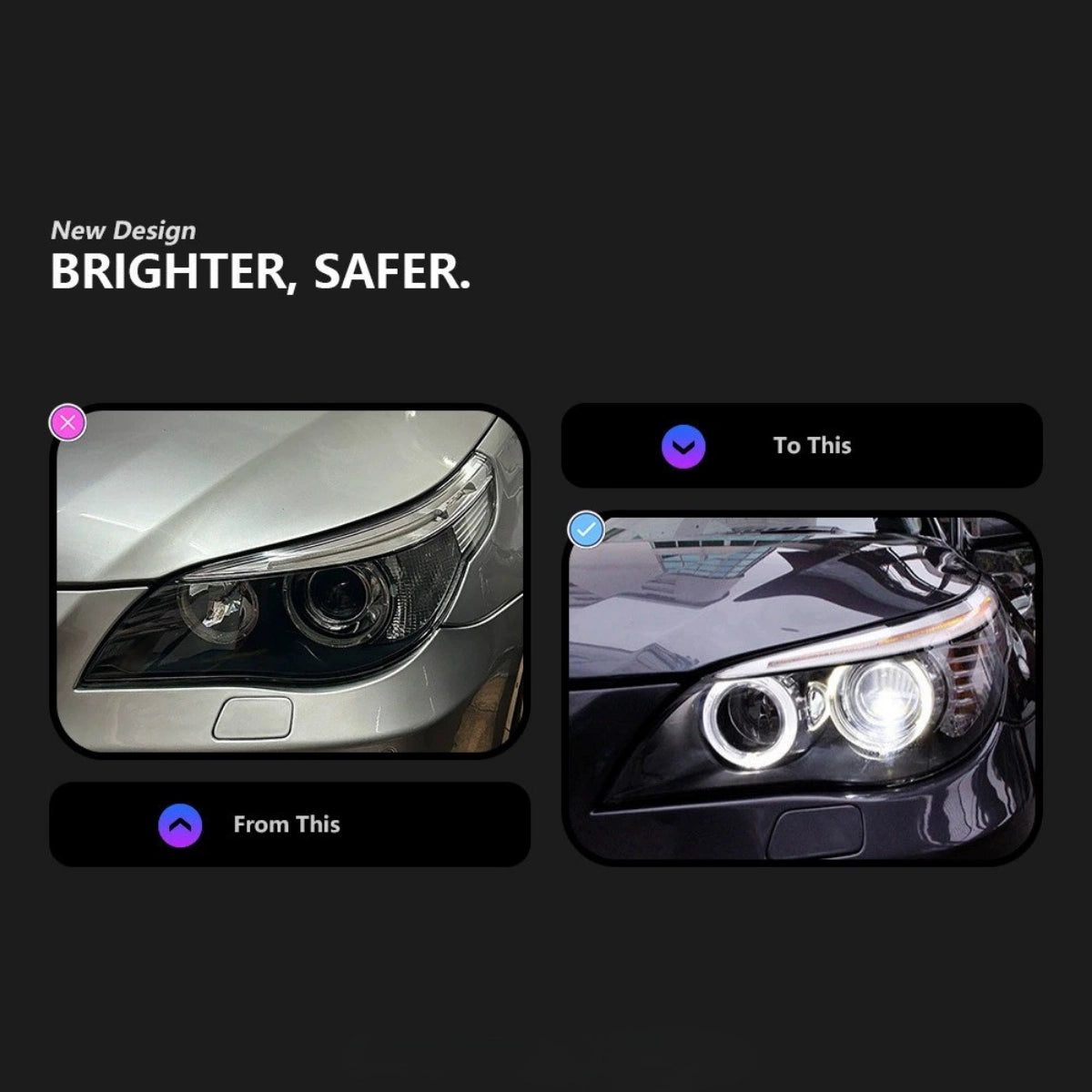 LED Headlights for BMW 5 Series E60/E61 525i-550i (2004-2010) | Angel Eyes, White DRL, Plug & Play