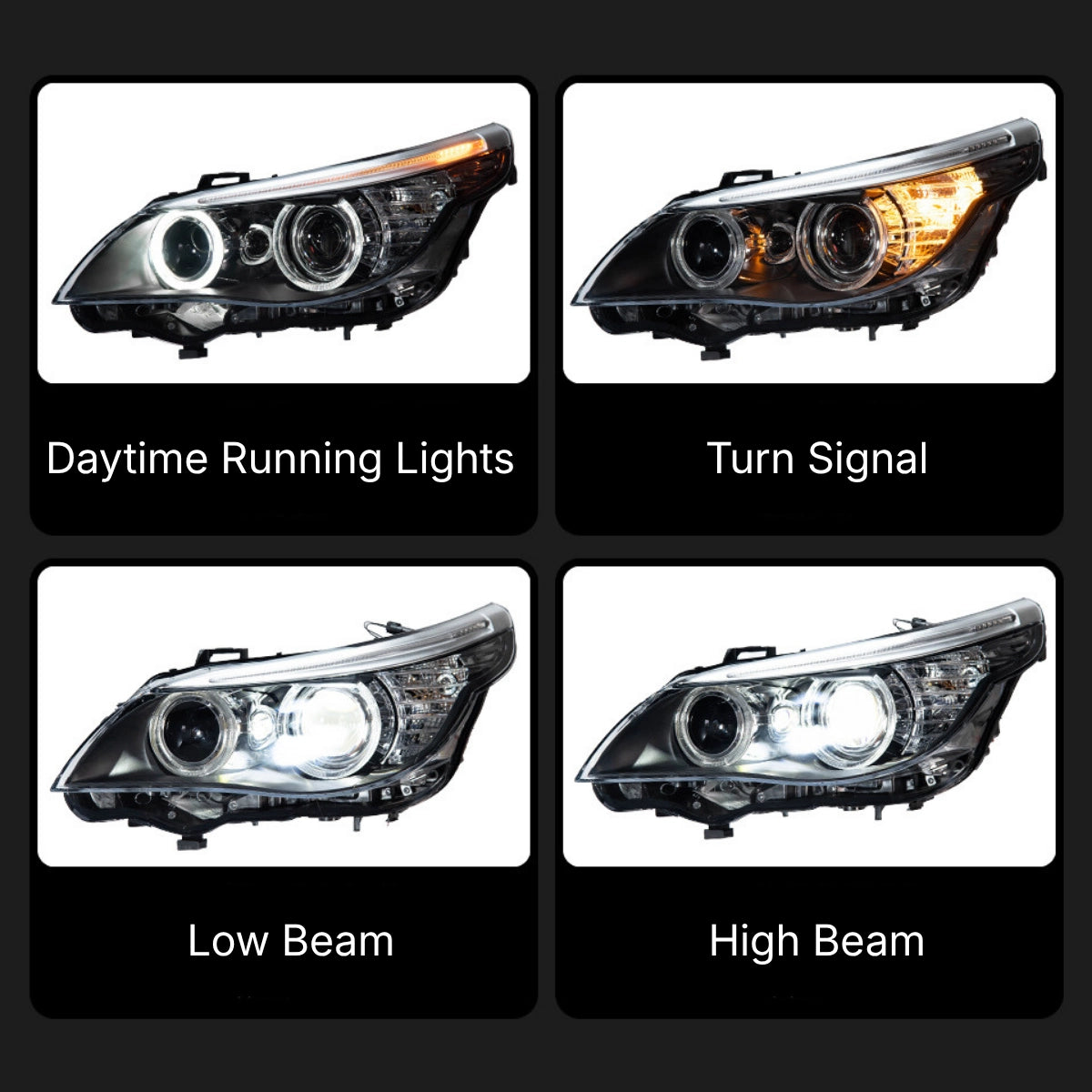 LED Headlights for BMW 5 Series E60/E61 525i-550i (2004-2010) | Angel Eyes, White DRL, Plug & Play