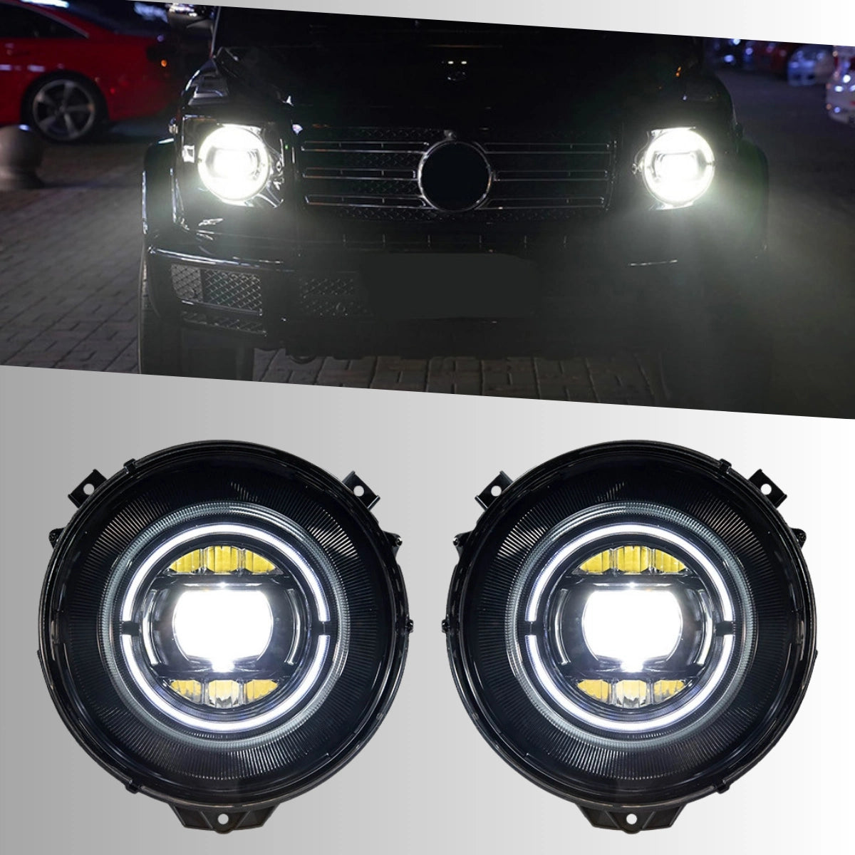 SmokedBlackLEDHeadlightsforMercedesG-ClassW463_1990-2018_HaloDRL_Plug_Play_2 - NOXBEAM
